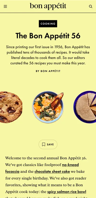 Bon Appétit mobile feature page for “The Bon Appétit 56”, themed in a pale yellow with photos of cookies, a stew and a pie