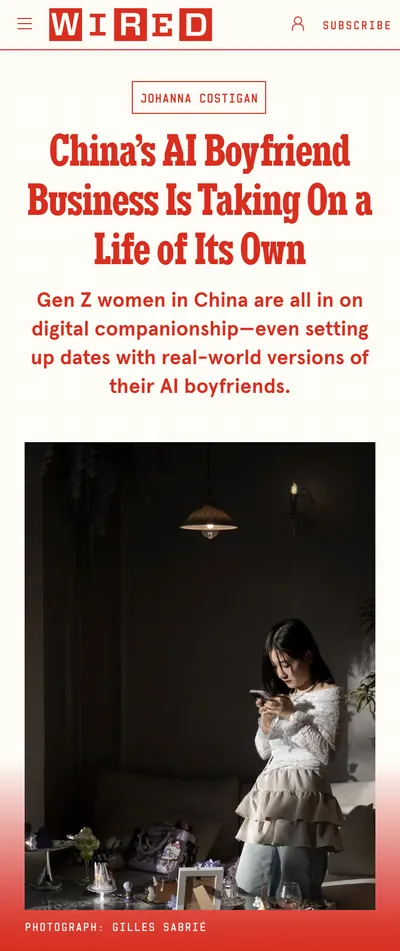 WIRED mobile feature page for “China’s AI Boyfriend Business Is Taking On a Life of Its Own”, themed in cream and red around a photo of a woman on her phone