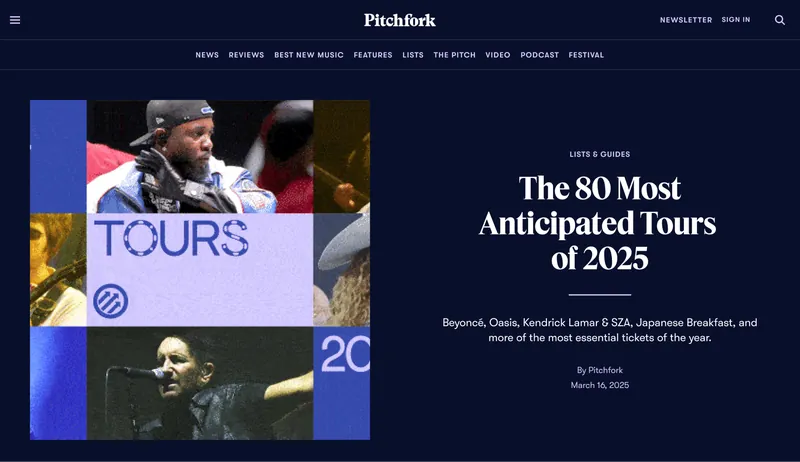 Pitchfork desktop list page for “The 80 Most Anticipated Tours of 2025”, themed in dark navy beside a blue and lilac collage of performers