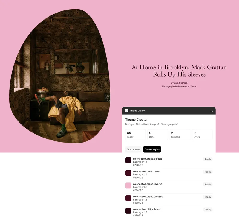Theme Creator Figma plugin over an Architectural Digest story page for “At Home in Brooklyn, Mark Grattan Rolls Up His Sleeves”, listing burgundy and pink color styles ready to create under the prefix “barraganpink”