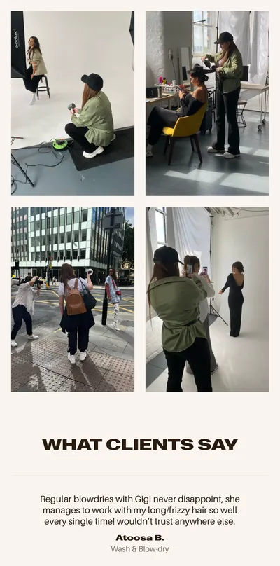HAIR.WIRED mobile page with behind-the-scenes photos from studio and street shoots, followed by a client testimonial