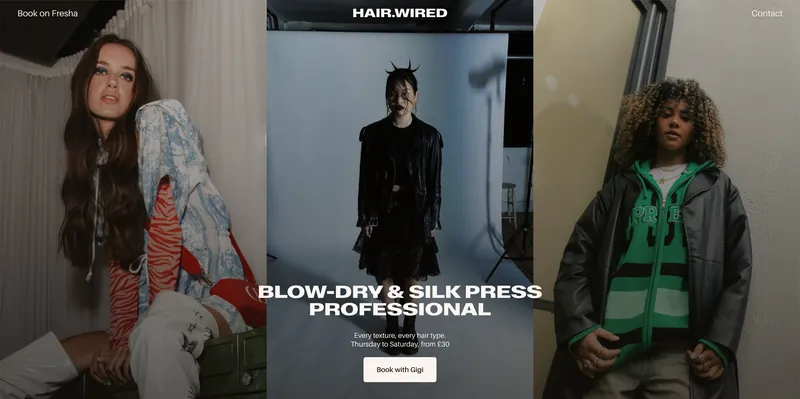 HAIR.WIRED desktop homepage: three portraits side by side behind the headline “Blow-dry & silk press professional”