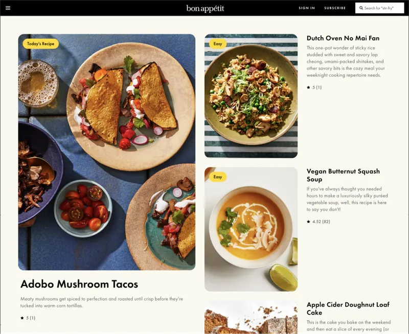 Bon Appétit recipes page led by Adobo Mushroom Tacos, beside smaller cards for Dutch Oven No Mai Fan, Vegan Butternut Squash Soup and Apple Cider Doughnut Loaf Cake