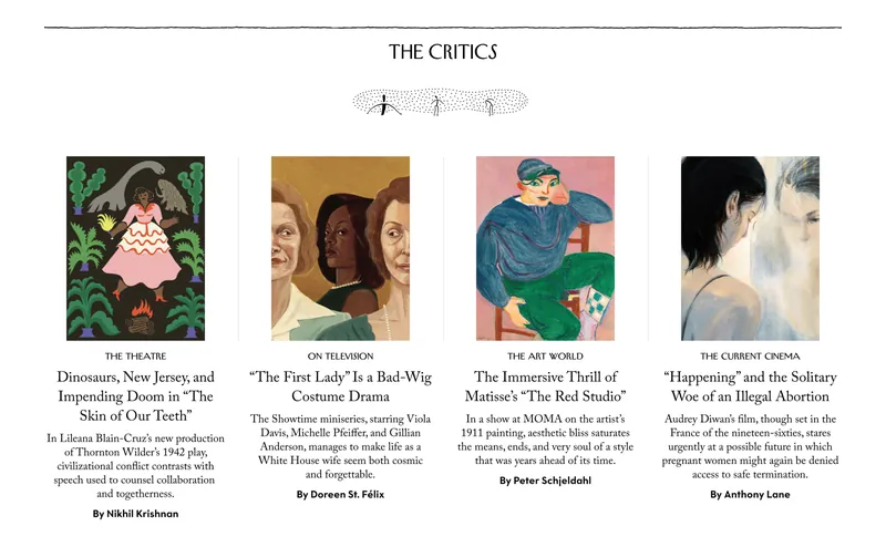 The New Yorker’s “The Critics” section with four illustrated reviews across theater, television, art and film, including Matisse’s “The Red Studio” at MoMA and Showtime’s “The First Lady”