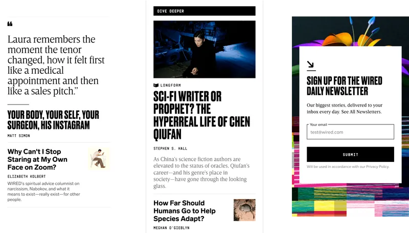 Three WIRED mobile modules: a pull quote above a story list, a “Dive Deeper” longform feature on the sci-fi writer Chen Qiufan, and a daily newsletter sign-up form over a colorful glitch illustration