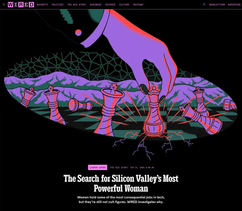 WIRED feature story page for “The Search for Silicon Valley’s Most Powerful Woman”, led by an illustration of a purple hand moving a glowing queen across a chessboard