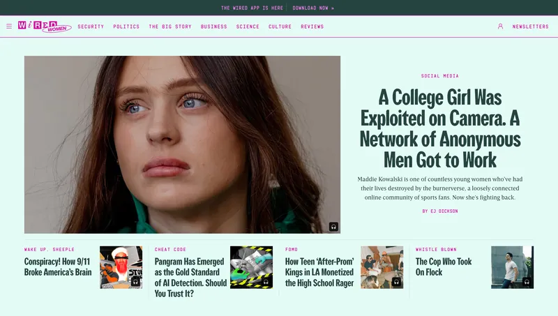 WIRED homepage during the Women’s Issue takeover, on a mint green background, leading with the story “A College Girl Was Exploited on Camera. A Network of Anonymous Men Got to Work”